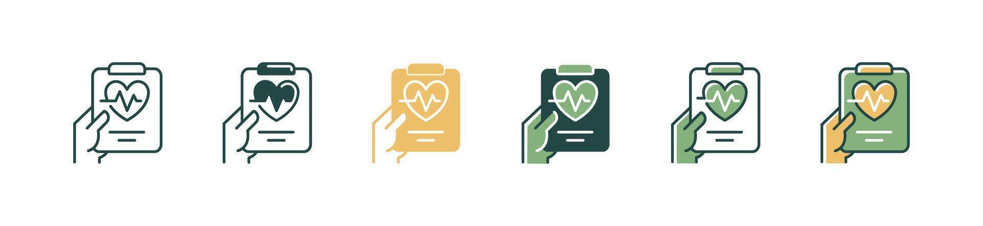cardiology heartbeat medical check-up report icon set hand holding diagnosis prescription clipboard illustration vector