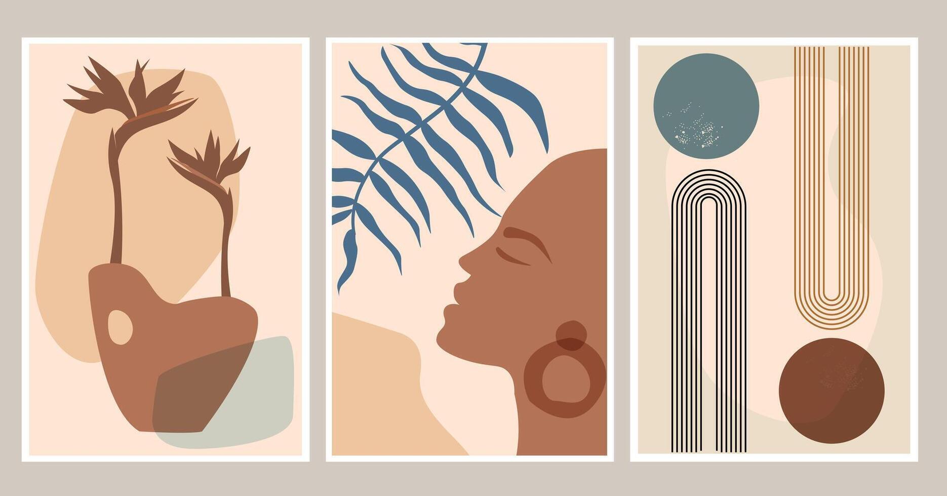 Set of posters with plants, profile of a beautiful woman, geometric rainbow. Strelitzia flowers in a vase. vector