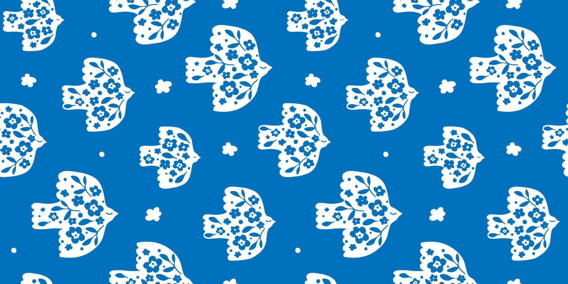 Seamless pattern with simple silhouettes of birds against the sky and flowers. Abstract print with doves. vector