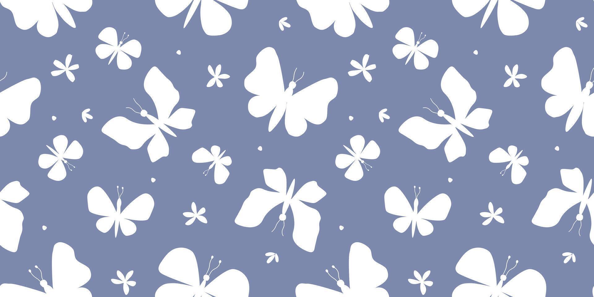 Seamless pattern with abstract silhouettes of butterflies and flowers. Simple summer monochrome print. vector