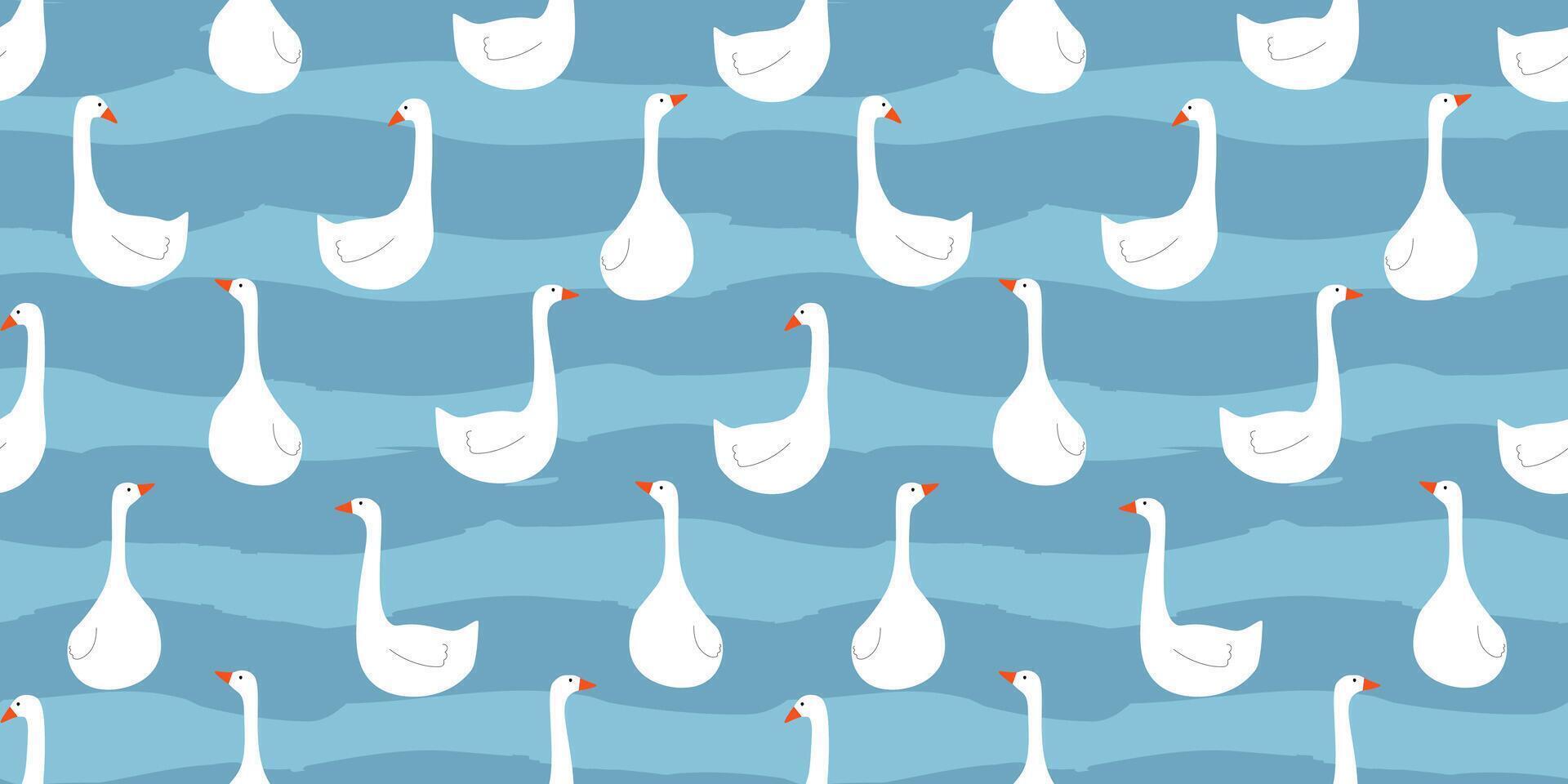 Seamless pattern with white geese swimming in the water on the waves. Cute duck print. vector