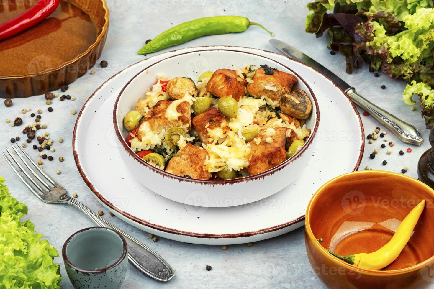 Turkey fillet with rice and cheese. photo