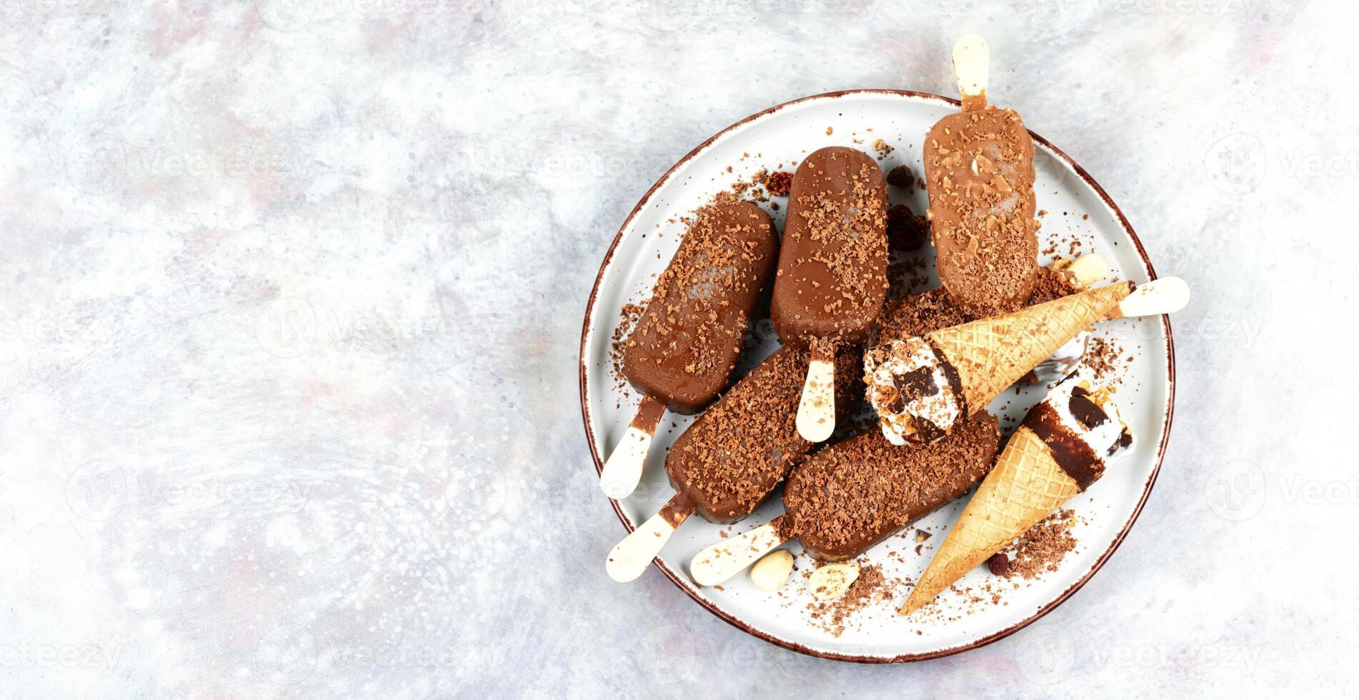 Stick ice cream, chocolate popsicle. photo