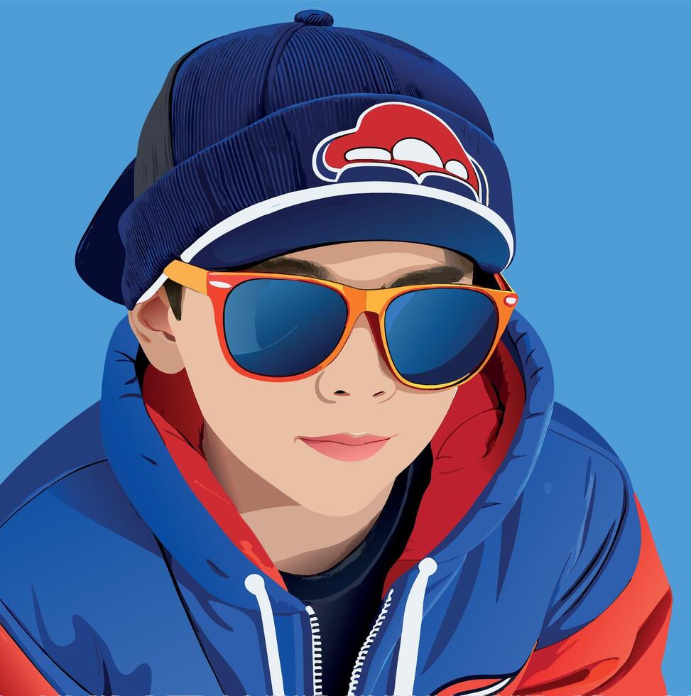 Young boy wearing sunglasses and a baseball cap posing vector