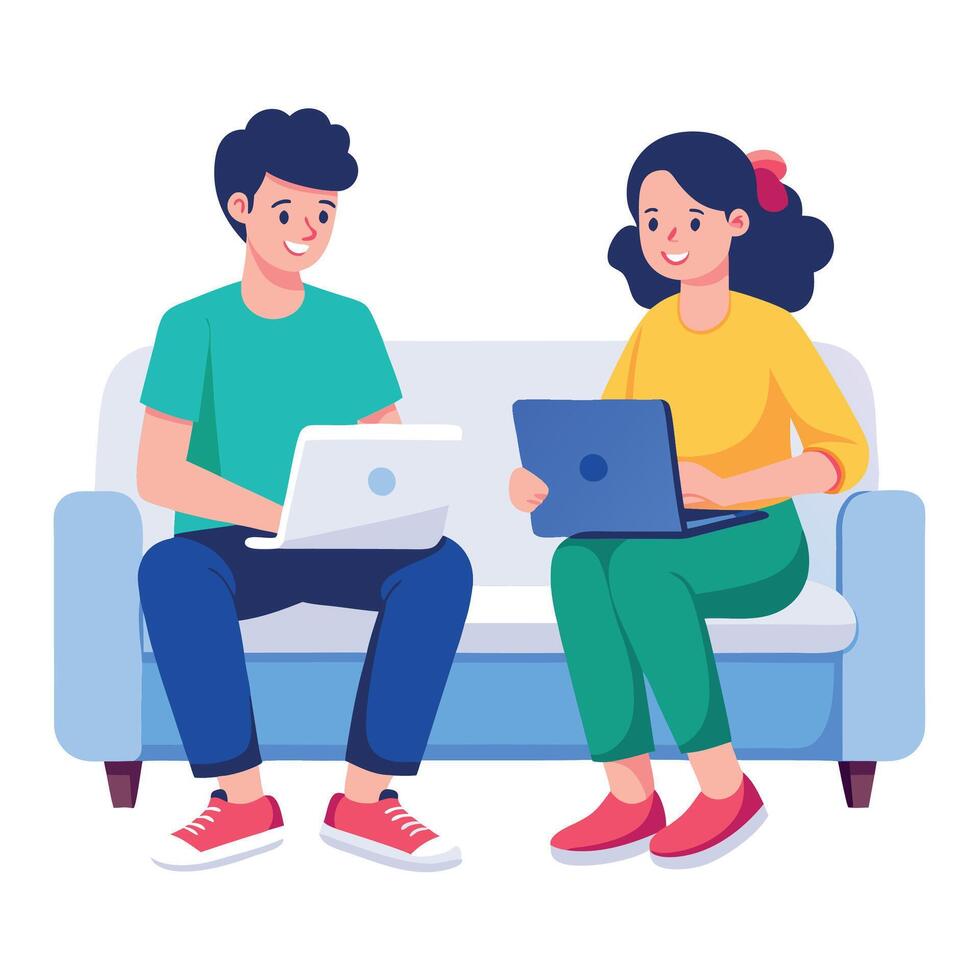 Young students working on laptops sitting on sofa at home vector
