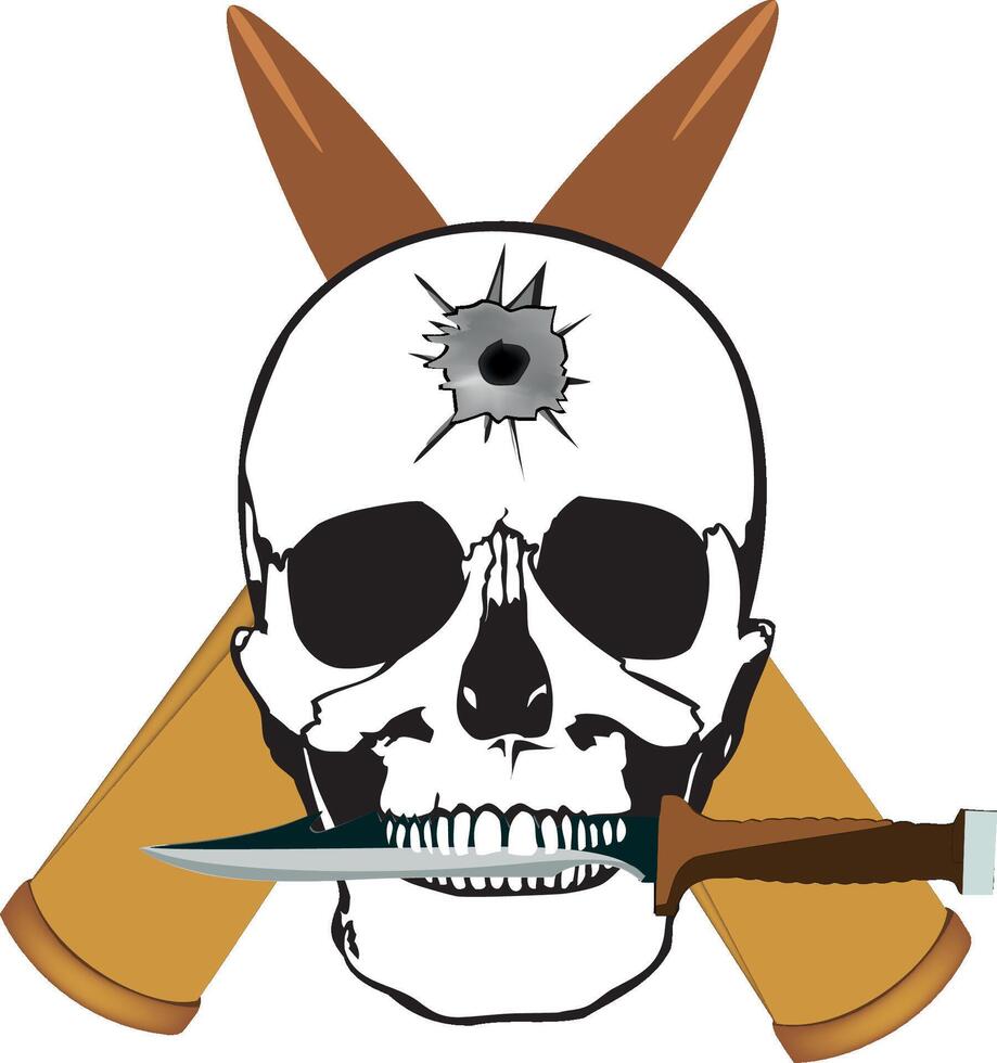 Skull holding knife surrounded by bullet shells illustrating violence vector