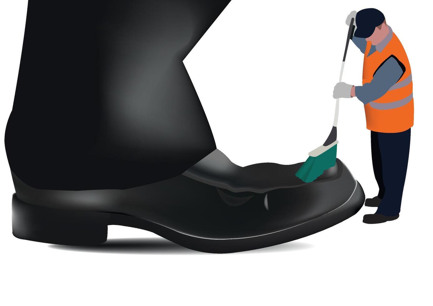 Street sweeper sweeping around giant businessman's shoe vector