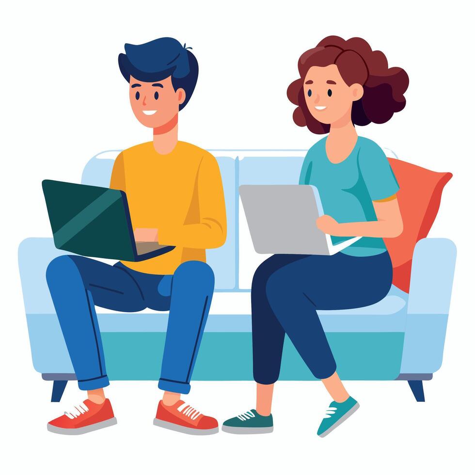 Young professionals working remotely using laptops on sofa vector