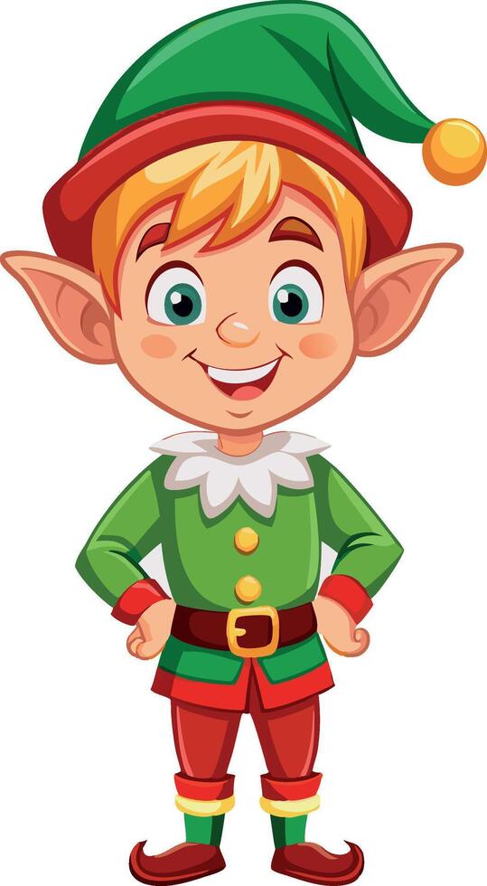 Happy christmas elf smiling and standing with hands on hips vector