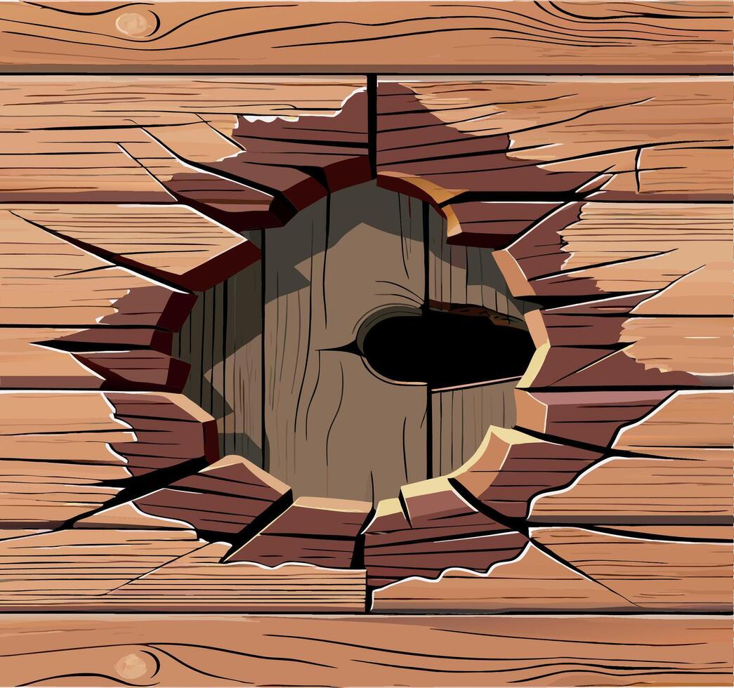 Big round hole in wooden wall showing darkness vector