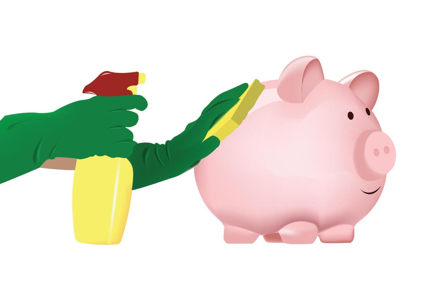 Person wearing green gloves cleaning piggy bank with sponge and spray bottle vector