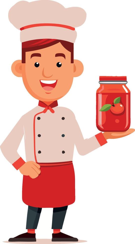 Smiling chef character holding jar of tomato sauce or ketchup- vector
