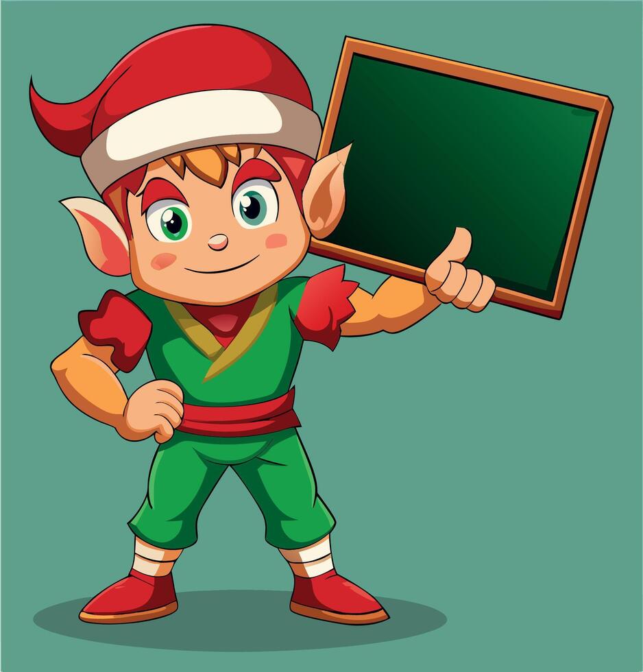 Christmas elf holding blank chalkboard sign pointing with thumb up vector