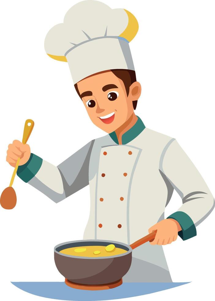 Cartoon chef stirring a pot of soup with a wooden spoon vector