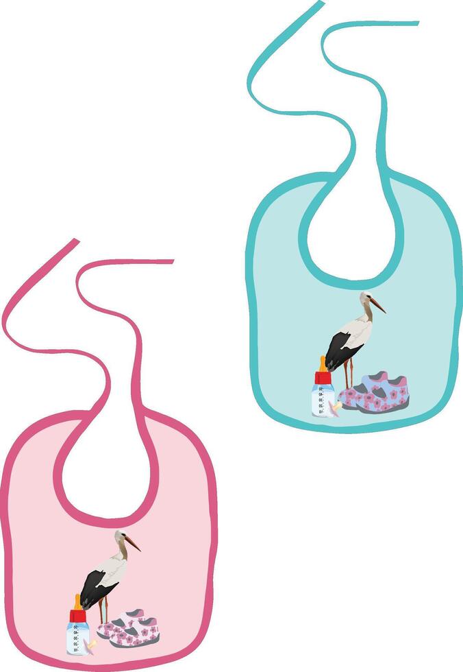 Baby bibs depicting stork delivering newborn with milk bottle and shoes vector