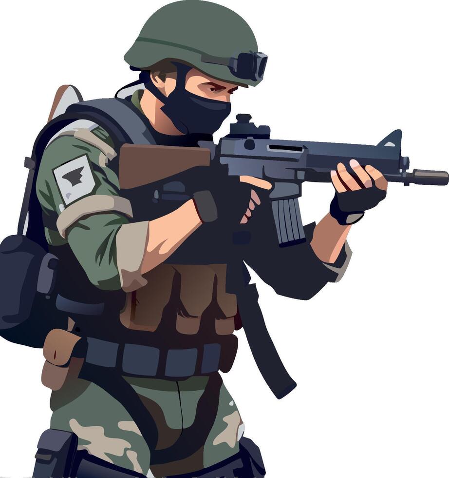 Soldier aiming with assault rifle during military operation vector