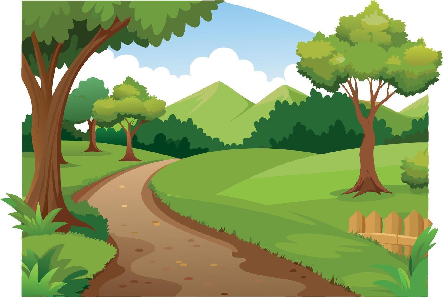 Winding dirt path leading through a lush green landscape vector