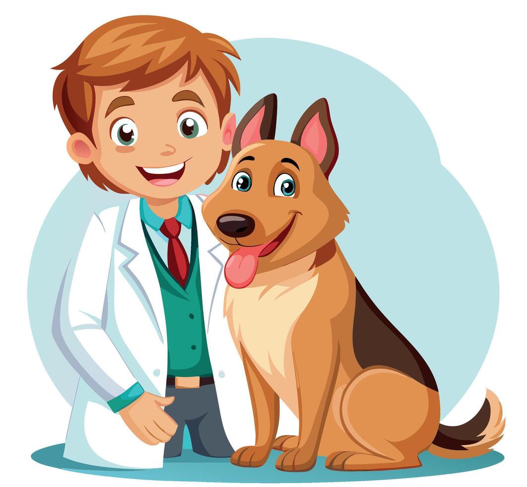Veterinarian posing with happy german shepherd dog vector