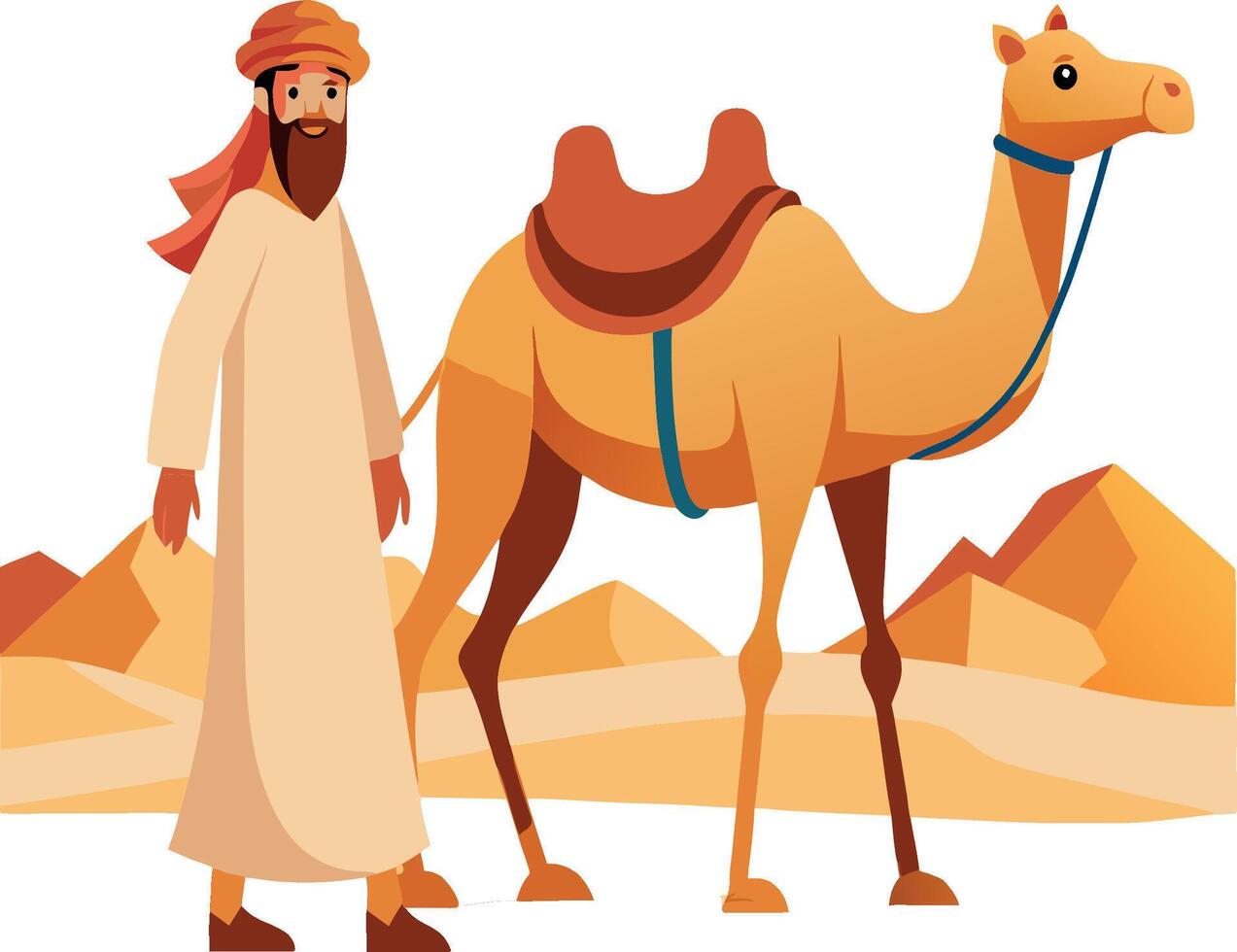 Bedouin walking with his camel in the desert vector
