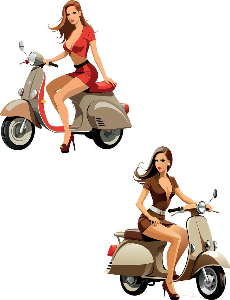 Beautiful woman riding blue retro scooter- vector