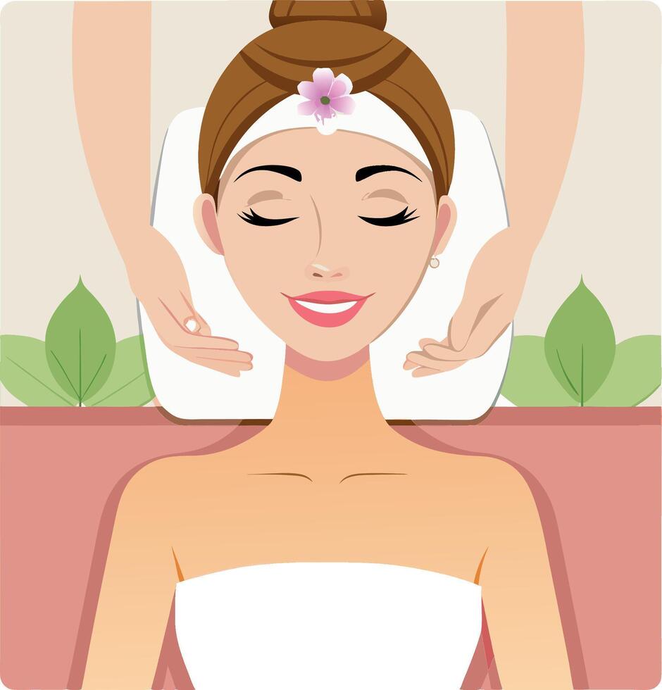 Woman enjoying a relaxing head massage by a beautician in a spa salon vector