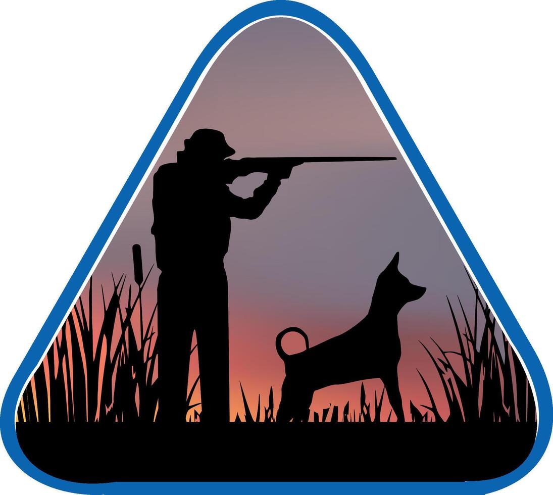 Hunter aiming with rifle at sunset with dog hunting logo vector