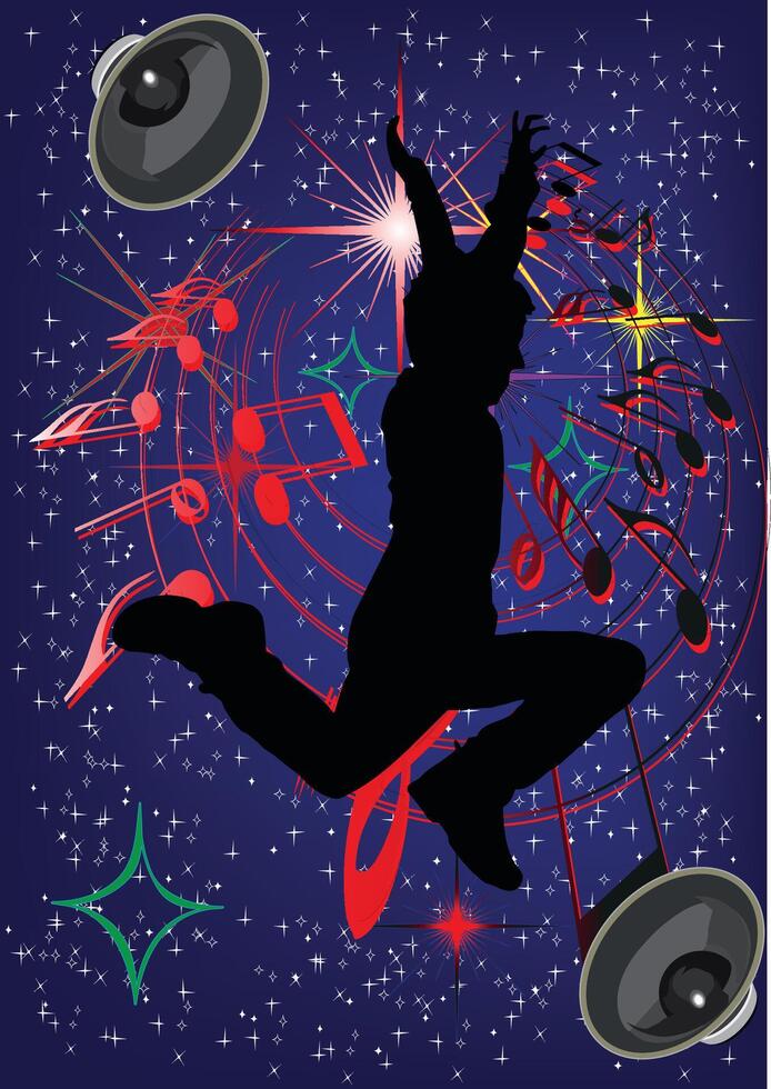 Young man dancing silhouette with music notes and speakers on blue background vector