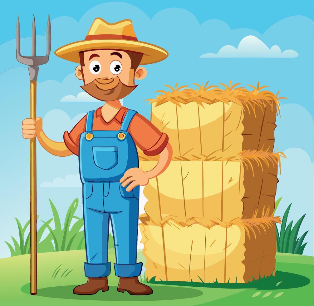 Happy farmer holding pitchfork standing near hay bales in the farmland- vector