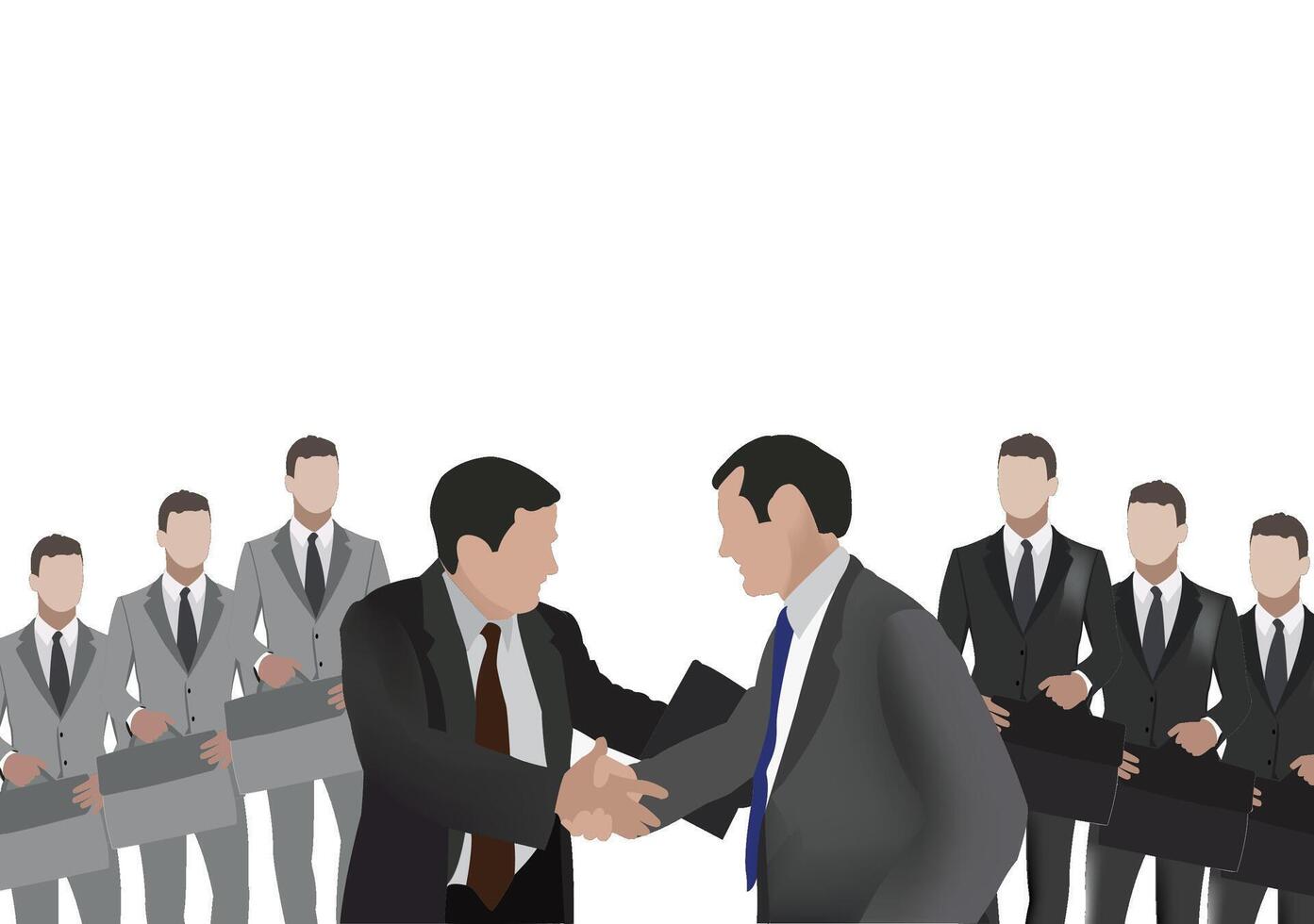 Two businessmen shaking hands in front of other businessmen waiting in line vector