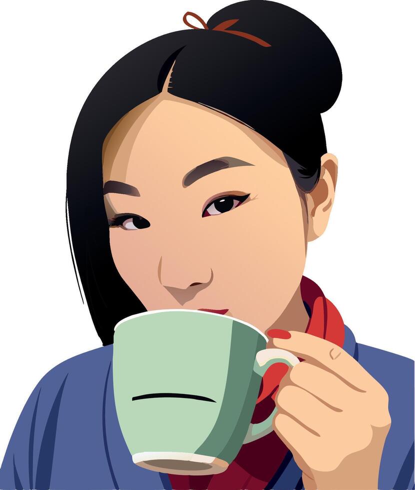 Young asian woman drinking tea or coffee from green mug vector