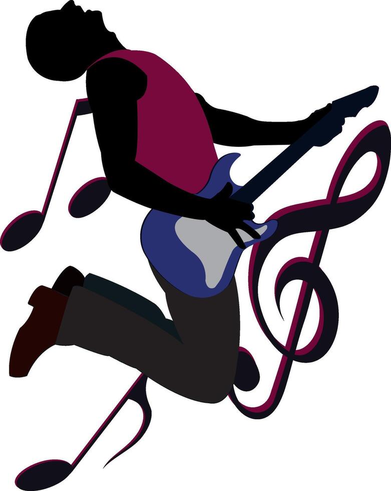 Musician jumping and playing electric guitar silhouette with musical notes vector