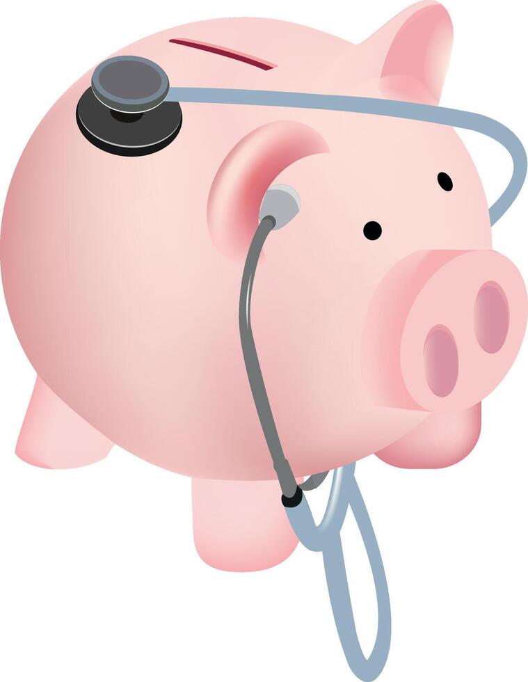 Piggy bank being checked with stethoscope for financial health vector