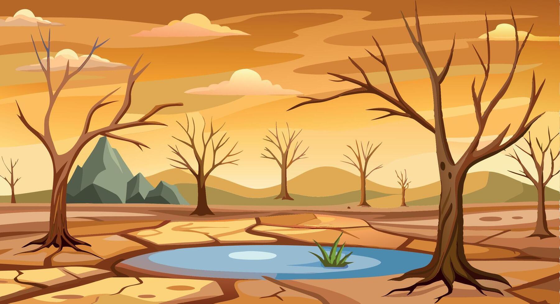 Small pond surviving drought in cracked earth desert landscape vector