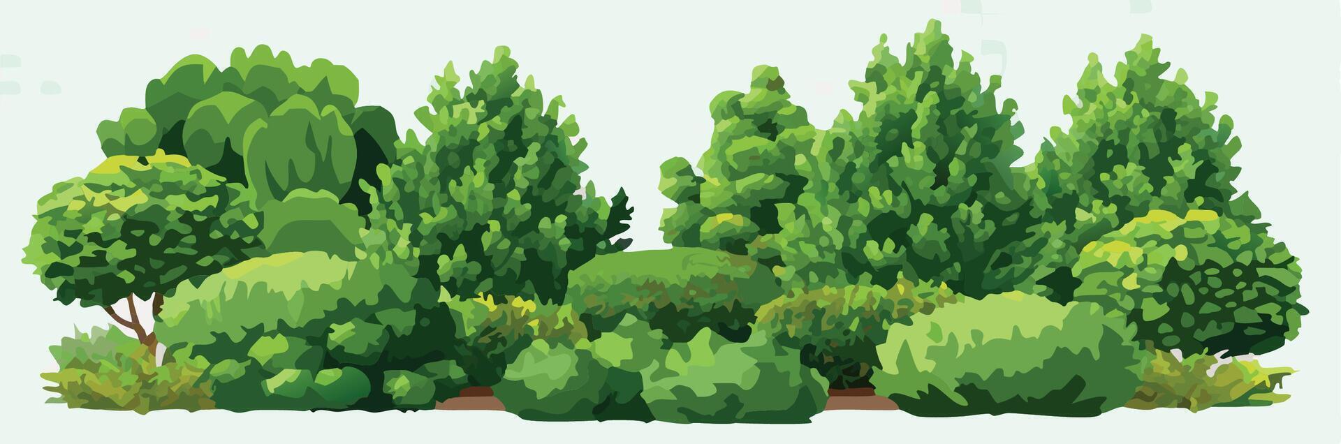 Lush green bushes and trees forming a forest bordering a dirt path vector