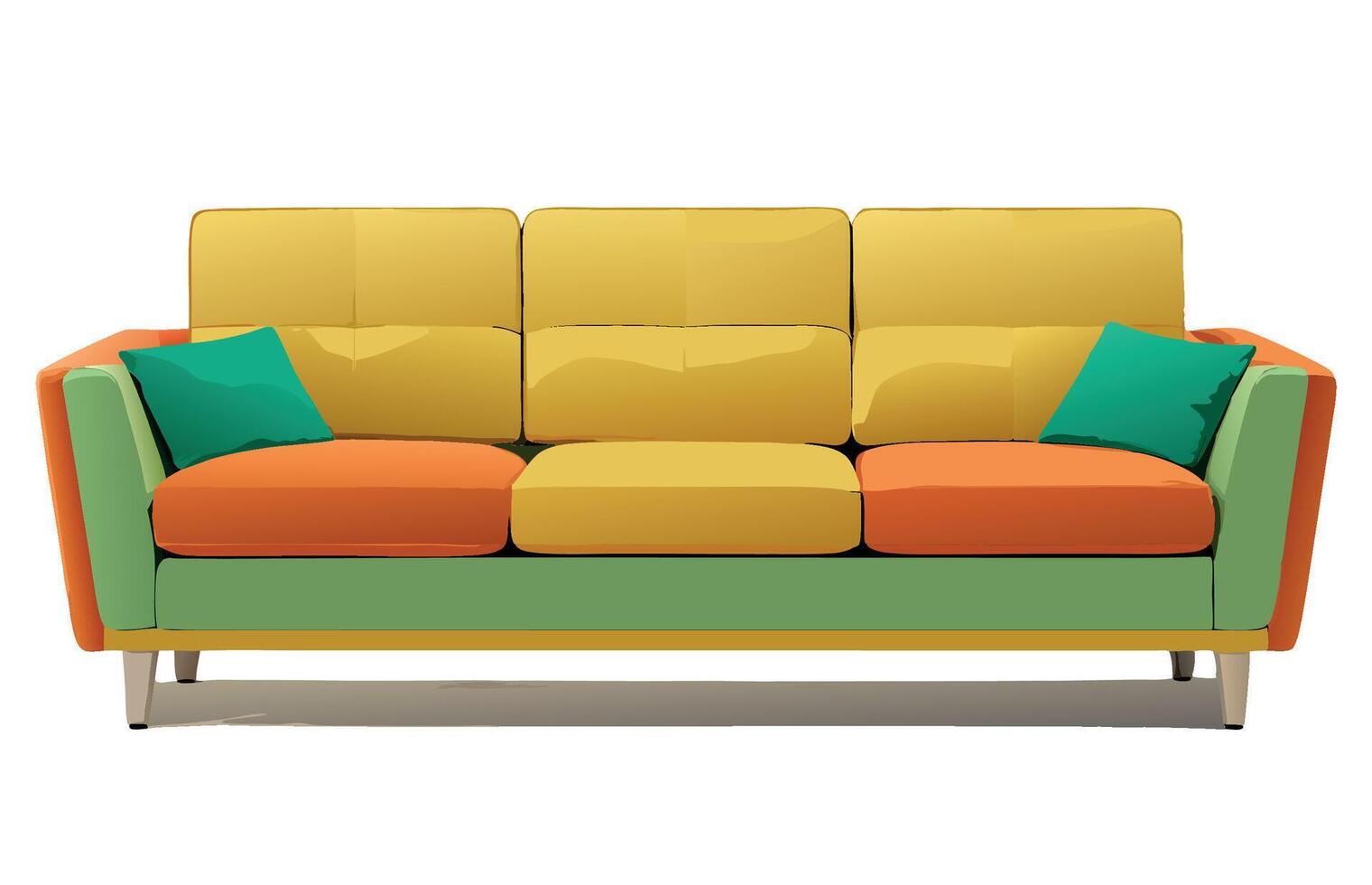 Modern green sofa with colorful pillows standing on white background vector