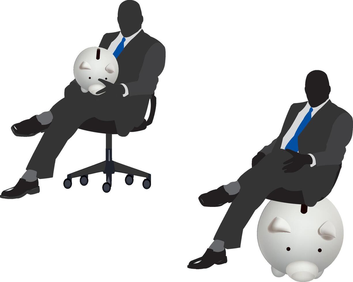 Two businessmen relaxing sitting on and holding piggy banks vector