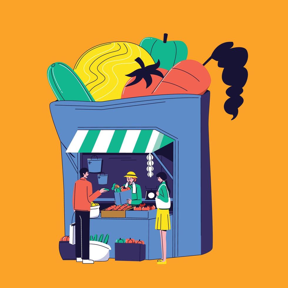 Colorful Vegetable Market Illustration with Building Designed as a Bag Featuring Fresh Produce and Market Scene vector