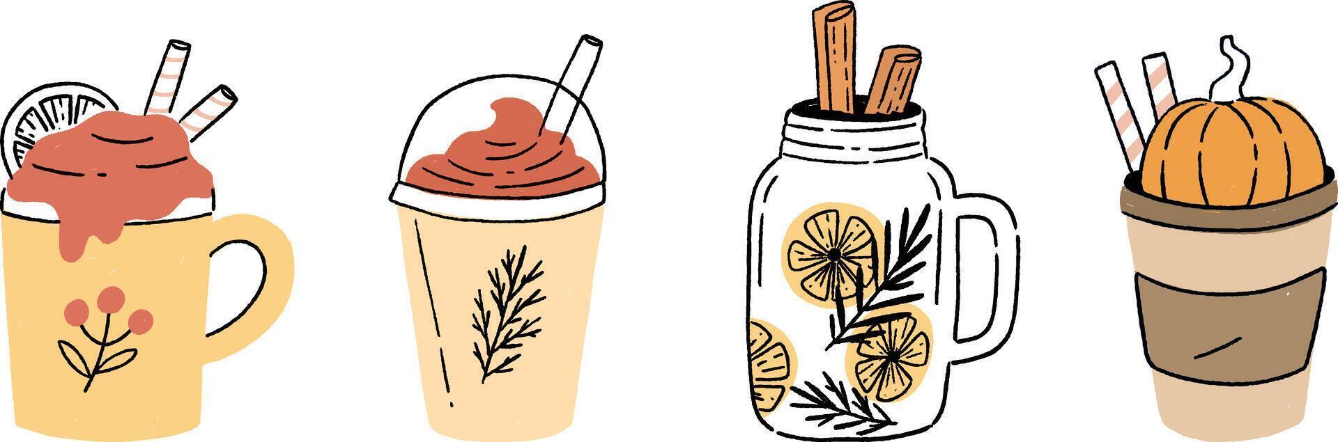 Hand Drawn Fall Beverage Illustrations Featuring Pumpkin Spice Lattes Teas and Seasonal Drinks for Autumn Themed Designs vector