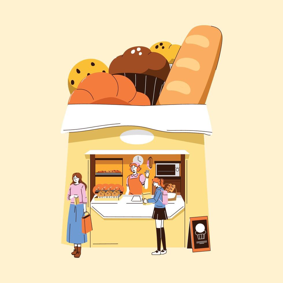Modern Bakery Shop Illustration with Building Shaped as a Paper Bag Featuring Bread and Pastries in Market Setting vector