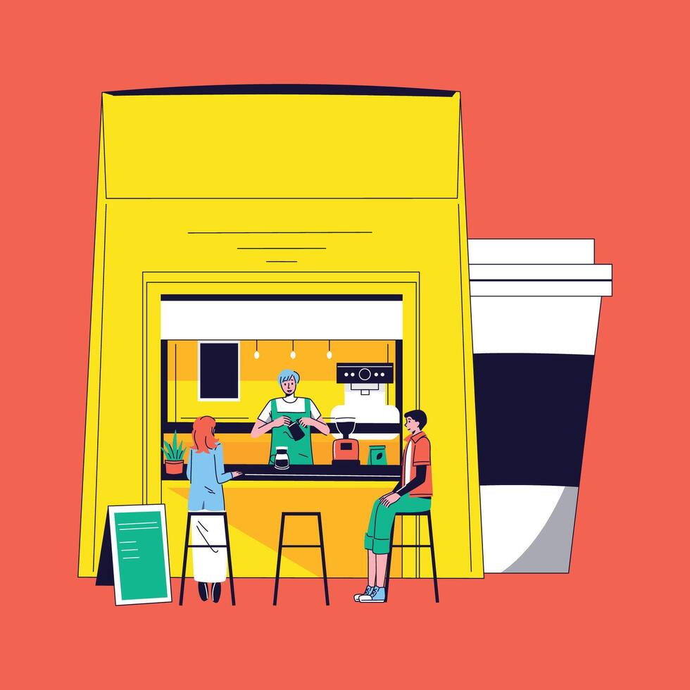 Bright Coffee Shop Illustration with Building Designed as a Bag Featuring Barista and Customers Engaging in Urban Cafe Scene vector