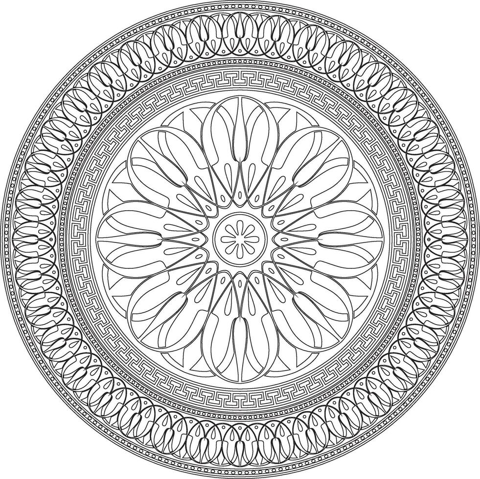 black monochrome classic Greek round outline ornament. Circle of Ancient Greece and the Roman Empire. Byzantine painting of walls, floors and ceilings. Template for stained glass. vector
