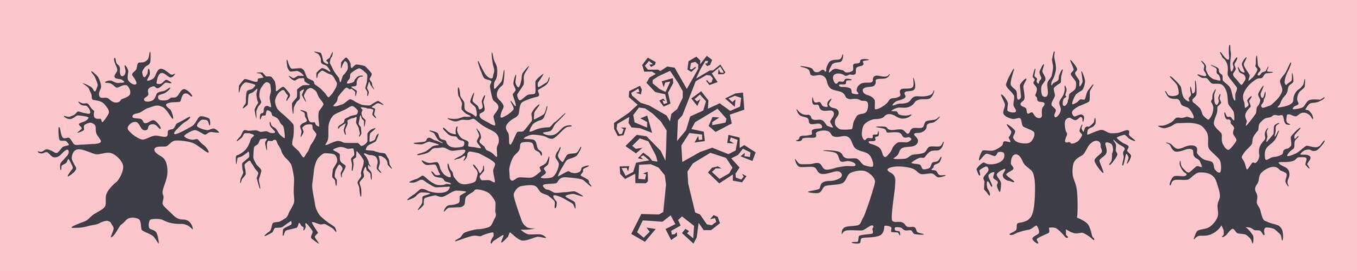 Set of Halloween black trees on pink background. Halloween concept. Halloween objects. vector