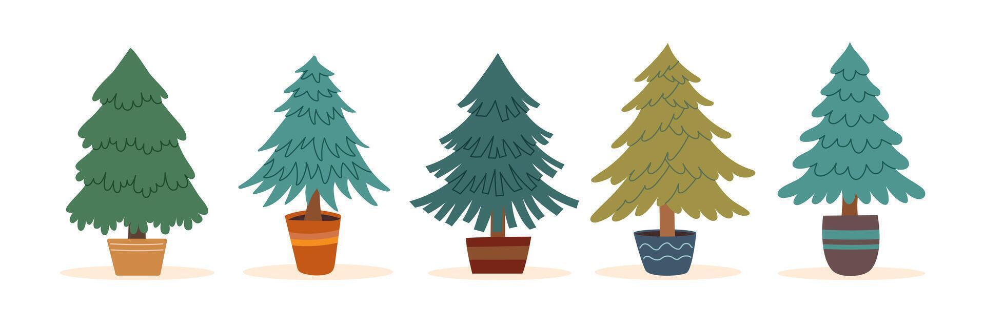 Set of potted Christmas trees isolated on white background. Sustainable Christmas concept. vector