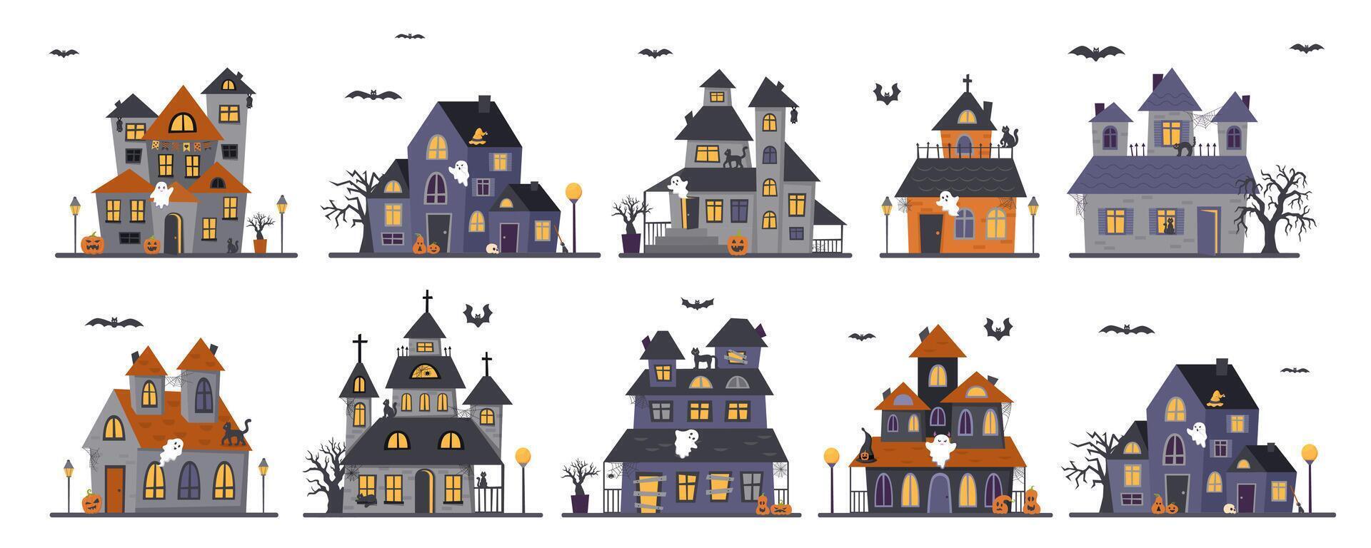 Set of Halloween houses isolated on white background. Halloween concept. Halloween elements. vector