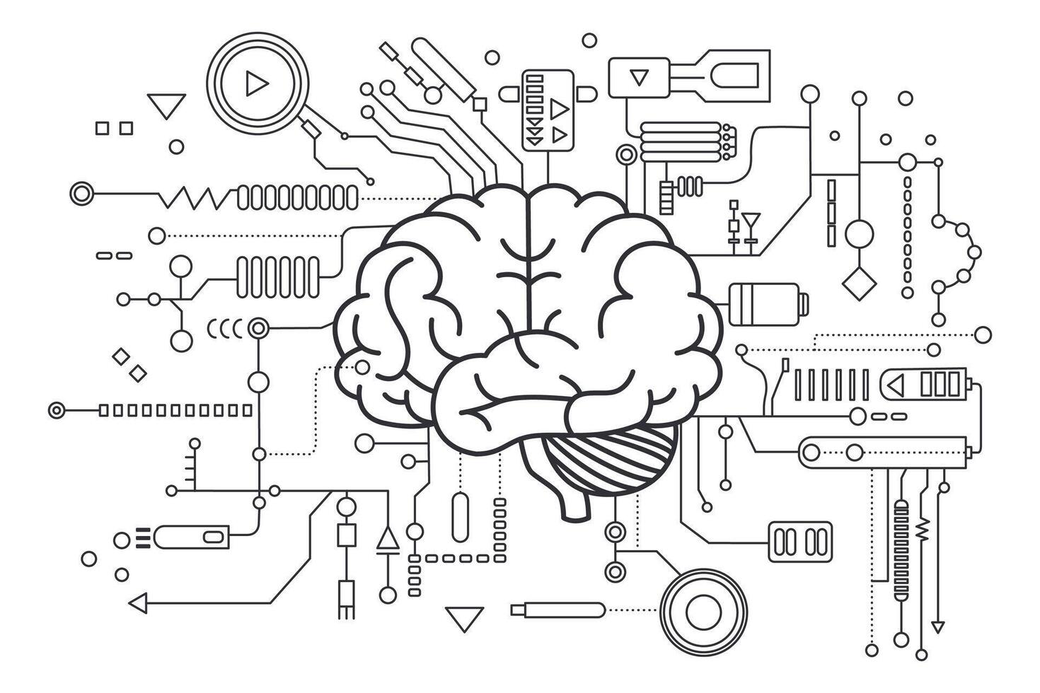 Artificial intelligence brain. Concept of Artificial Intelligence AI and Machine learning. Electronic digital brain, circuit board and human brain outline in flat style. vector