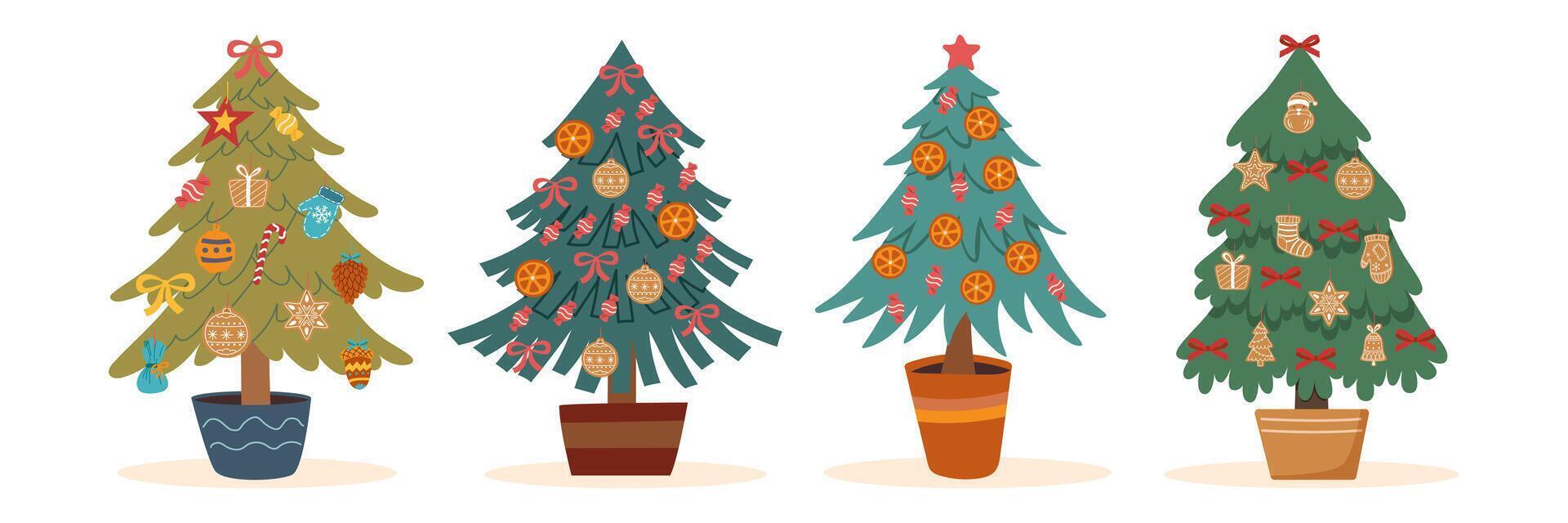 Set of decorated Christmas trees isolated on white background. Sustainable Christmas concept. Christmas ornaments. vector