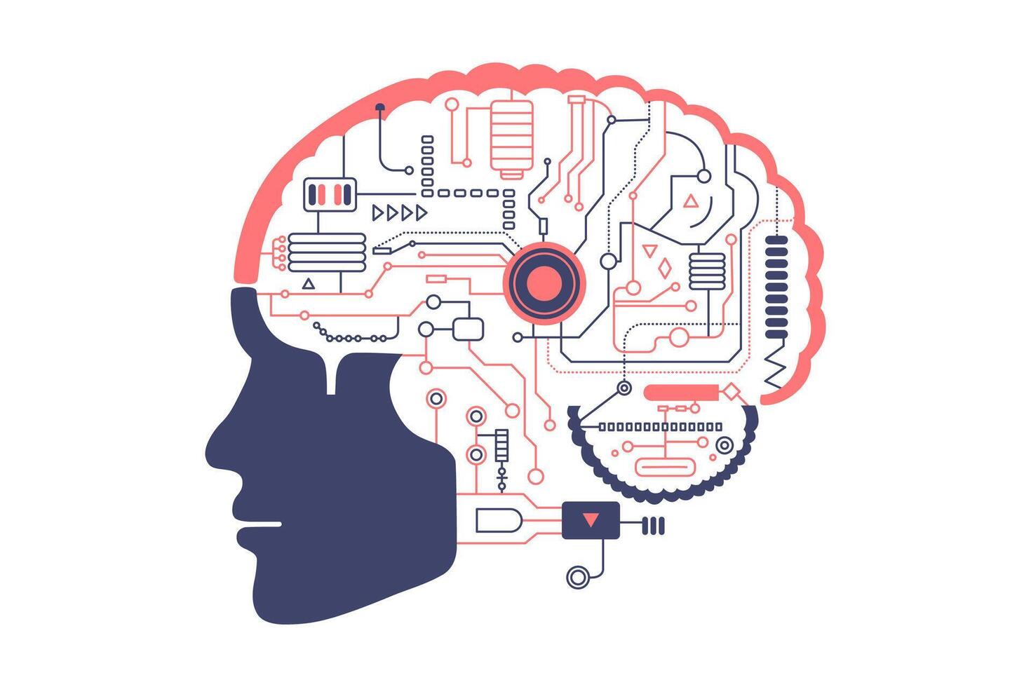 Artificial intelligence brain. Concept of Artificial Intelligence AI and Machine learning. Electronic digital brain, circuit board and human brain outline in flat style. vector