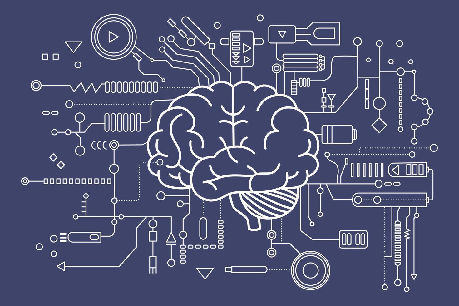 Artificial intelligence brain. Concept of Artificial Intelligence AI and Machine learning. Electronic digital brain, circuit board and human brain outline in flat style. vector