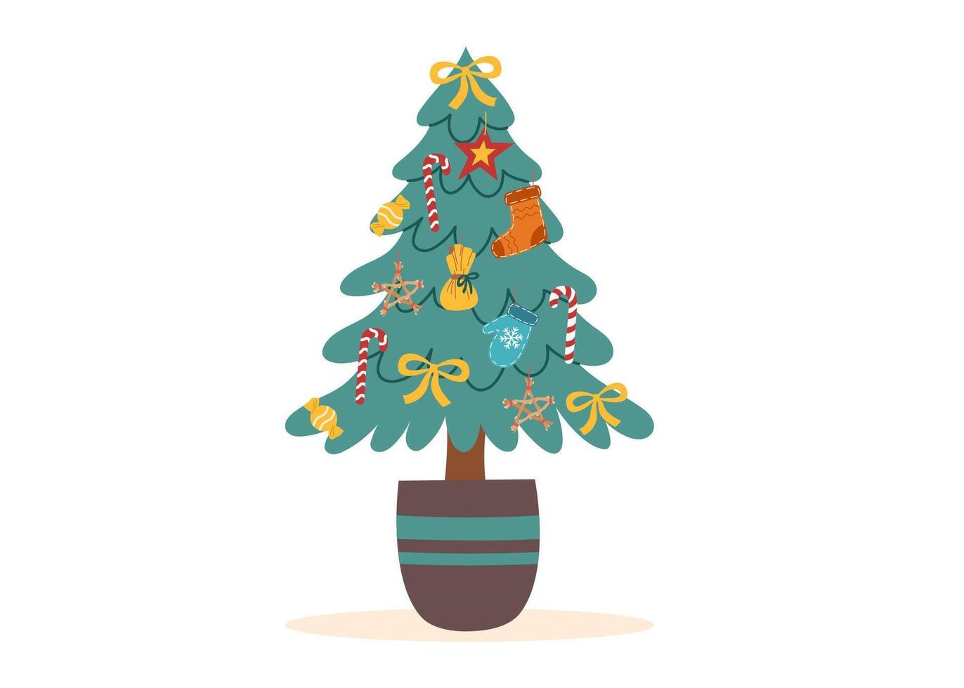 Decorated Christmas tree isolated on white background. Sustainable Christmas concept. Christmas ornaments. vector