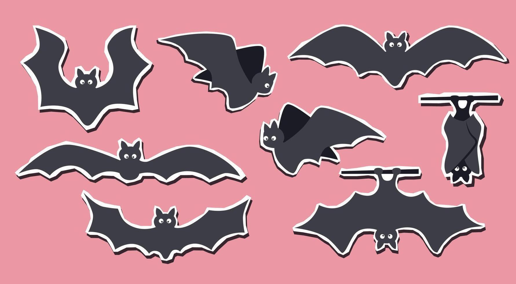 Set of black bats in different poses on pink background. Halloween concept. Halloween bats stickers. vector